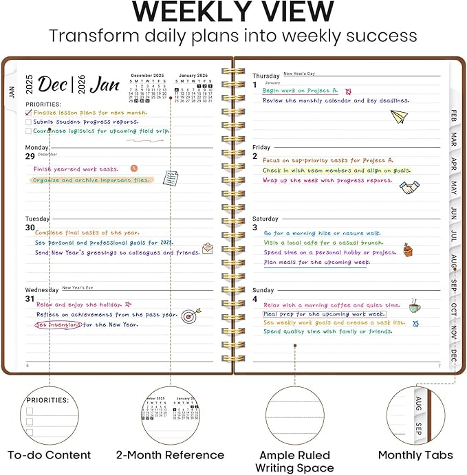 2026 Planner, Weekly and Monthly Calendar Planner Book, January 2026 - December 2026, Hardcover Spiral Planner with Monthly Tabs, Notes Pages, Perfect for Women & Men, A5 (6.4" x 8.5") - Brown