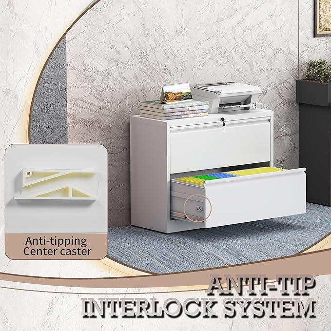 2 Drawer Lateral File Cabinet with Lock, File Cabinet, Metal Lateral Filing Cabinets for Home Office, File Storage Cabinet for Legal/Letter/A4 Documents, Assembly Required (White, 35'W)