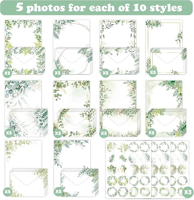 160 Packs Stationery Paper and Envelopes Set 10 Different Designs, 50 One Sided Stationery Writing Papers with 50 Matching Envelopes and 60 Round Dot Sticker, 5.5 x 8.25 Inch (PineLeaf)