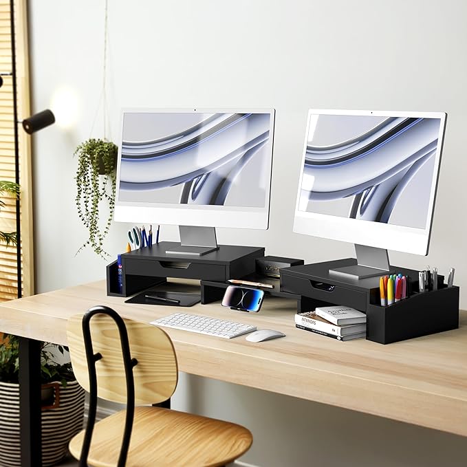 Simple Houseware Desk Dual Monitor Stand Riser with Pull-Out Drawers, Black