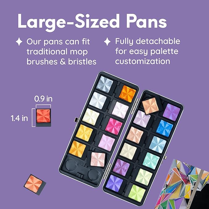 MozArt Supplies Komorebi Professional Metallic Watercolor Set - Portable Metal Box with Safety Lock and Fully Detachable Pans for Easy Customization - 24 Shimmering Colors for Arts and Crafts