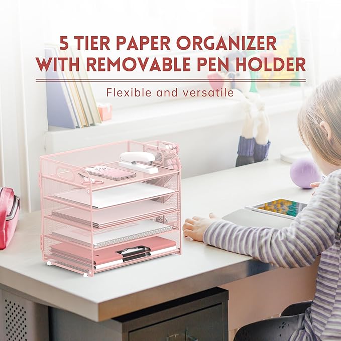 SUPEASY 5 Tier Desk Organizer with Handle & Removable Pen Holders, Mesh Paper/File Organizer for Desk, Paper Letter Tray Organizer for Office Supplies (Pink)
