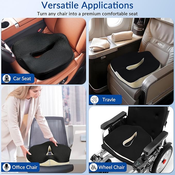 Ergonomic Memory Foam Seat Cushion for Office Chair, Extra Large Pad with U-Shaped Design for Pressure Relief, Coccyx Sciatica & Back Pain Relief, for Home, Car Long Sitting (Black)