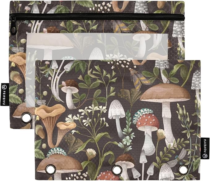 ZAZYXTJ Mushroom Binder Pencil Pouchs 3 Ring with Zipper Clear Window Office Organizers bag for School Students Teacher Supplies 2 Pack