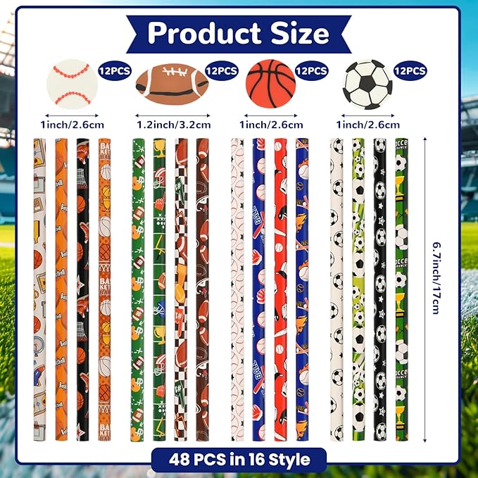 48 Pcs Sports Pencils and Erasers for Boys Girls Sports Birthday Gifts Assortment Stationery Pencils for Students Office School Classroom Supplies.