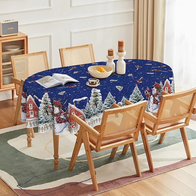 Horaldaily Christmas Tablecloth 60×84 Inch Oval, Winter Snowman House Christmas Trees Blue Washable Table Cover for Party Picnic Dinner Decor