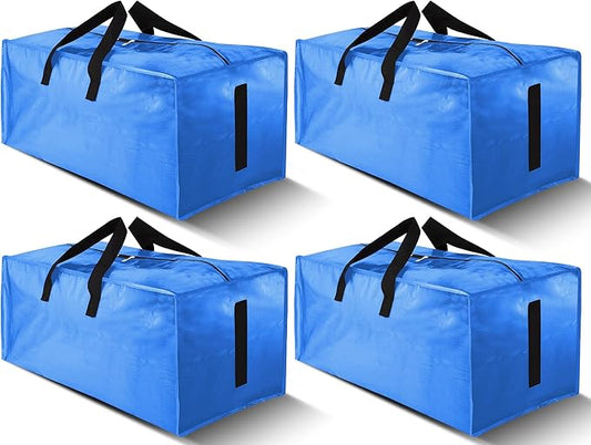 4 Pack Large Strong Moving Bags with Zippers & Carrying Handles - Water-Resistant - Heavy Duty Storage Tote for Space Saving, Fold Flat, Alternative to Moving Box (Sky Blue)
