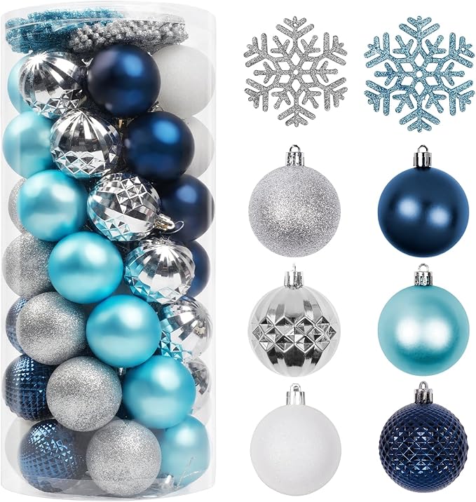 Christmas Tree Decorations Ornament Set, 60ct 2.36 Inches Navy Blue Silver Shatterproof Christmas Ball Ornaments, Hanging Ball for Xmas Holiday Wedding Party Decor
