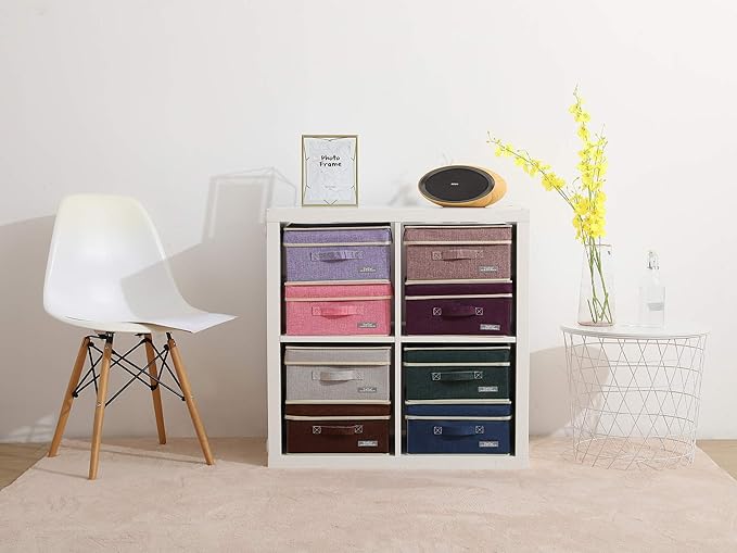 YueYue Foldable Fabric Closet Organizer Bins Box Storage - 4 Pack 12.4 X 12 X 6.7 Inch Storage Bins With Lids 4 Light Color Basket Boxes - Bins Storage Box Collapsible Cloth Home Lid