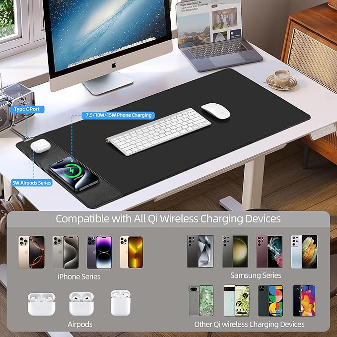 Mouse Pad with Wireless Charging, Gaming Mouse Pad with Ultra-Smooth Surface, Large XXL Desk Mat, Non-Slip Mouse Mat, Waterproof Computer Keyboard Pad for Gaming, Desk, Office, PC, 900x400x4MM, Black