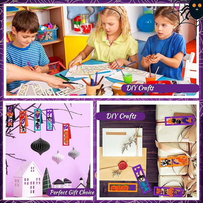 Yexiya 200 Pcs Halloween DIY Wood Bookmarks Kit Unfinished Color Your Own Hollow with Tassel 100 Set Back to School Art Ghost Spider Skull Pumpkins Supplies for Students Thanksgiving Reward Fillers