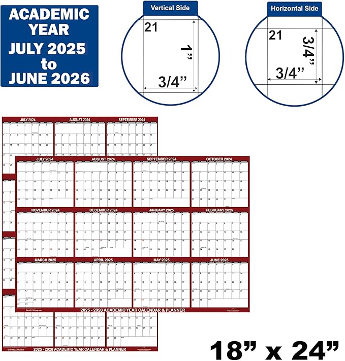 18" x 24" SwiftGlimpse 2025-2026 Academic Wall Calendar Dry Erase Erasable, Large, Wet & Dry Erase Laminated, Yearly Planner, Reversible, JULY 2025 to JUNE 2026 ONLY