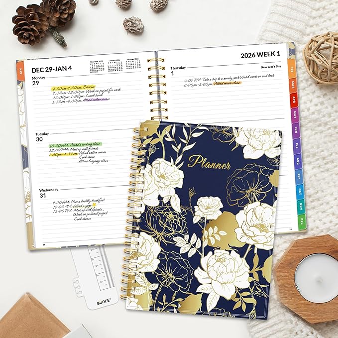 SUNEE 2026 Weekly and Monthly Planner - from January 2026 - December 2026, 6.4" x 8.3" Daily Agenda Planner with Monthly Tab, Flexible Cover, Note Pages, Pockets, Bookmark, Dark Blue Marble