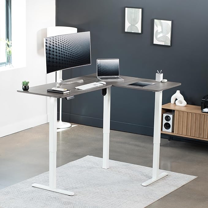 VIVO Electric Corner L-Shaped 63 x 47 in Standing Desk, Memory Height Adjustment, Dark Gray Top White Frame, DESK-E3CTWG-47