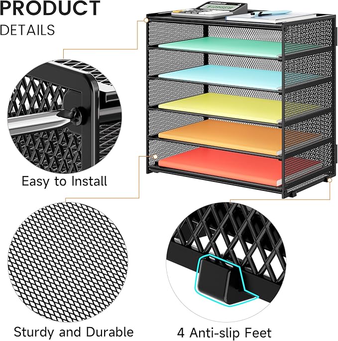 2 Pack 6 Tier Paper Organizer, Metal Mesh Desk File Folder, Letter Tray Organizer, Paper Sorter Desk Organizers for Office, Home or School File Folder Holder - Black