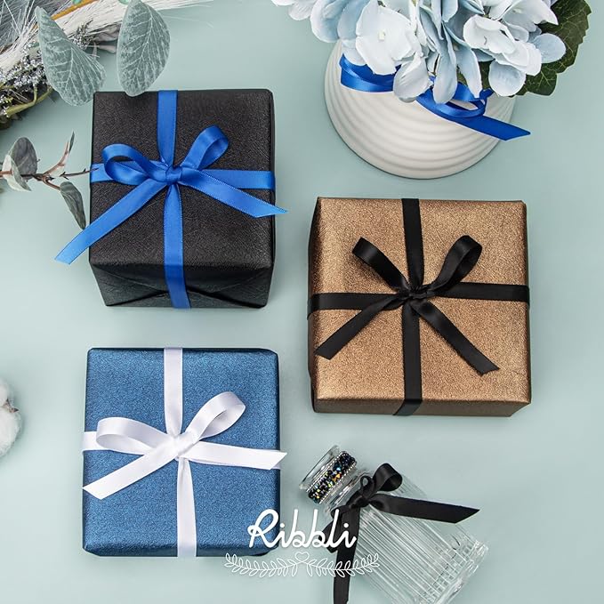 Ribbli Double Faced Black Satin Ribbon,3/8” x Continuous 25 Yards,Use for Bows Bouquet,Gift Wrapping,Floral Arrangement