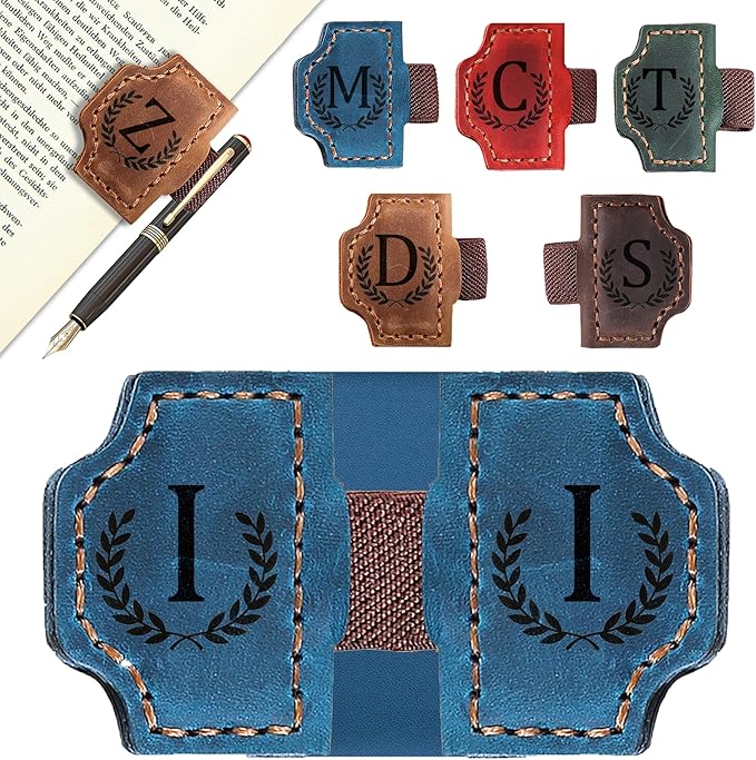 Bygone Mark Bookmark with Pen Holder, 26 Letters Name Initial Personalized Magnetic Bookmarks, Leather Book Mark for Men Women, Travelers Accessories, Teachers Readers Book Lovers Gifts (Blue, I)
