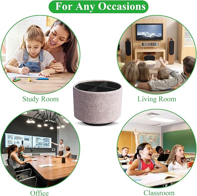 lizimandu Round Leather Art Supply Organizer,Remote Control Holder,360 Degree Spinning,Multi-Functional Pencil Holder,4 Compartments Desktop Stationary Organizer(1-Carved White)