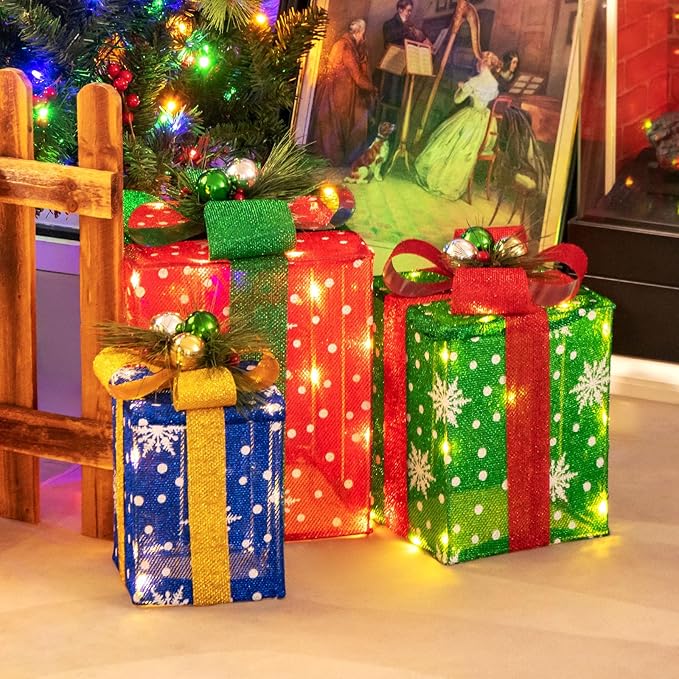 Tangkula Set of 3 Lighted Boxes Decoration, Lighted Present Boxes Set with Exquisite Boxes, Indoor Outdoor Christmas Decoration with 52 Pre-lit LED Lights for Yard Lawn Porch