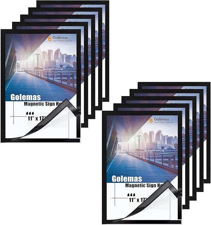 Magnetic Sign Holder, 11 x 17 Wall Mount Self Adhesive Document Display Frames, Double Sided Display for Glass Window (Black, 10pack)
