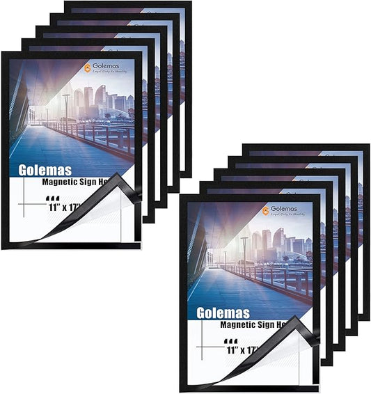 Magnetic Sign Holder, 11 x 17 Wall Mount Self Adhesive Document Display Frames, Double Sided Display for Glass Window (Black, 10pack)