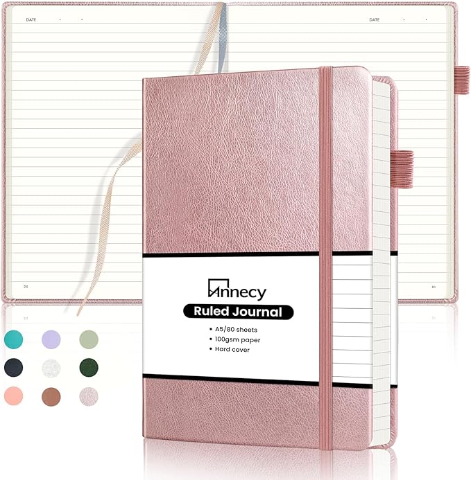 Annecy Lined Journal Notebook, Hardcover Leather Journal for Women & Men, 160 Numbered Pages, Medium 5.5" x 8.25", 100 GSM Thick Paper, Rose Gold