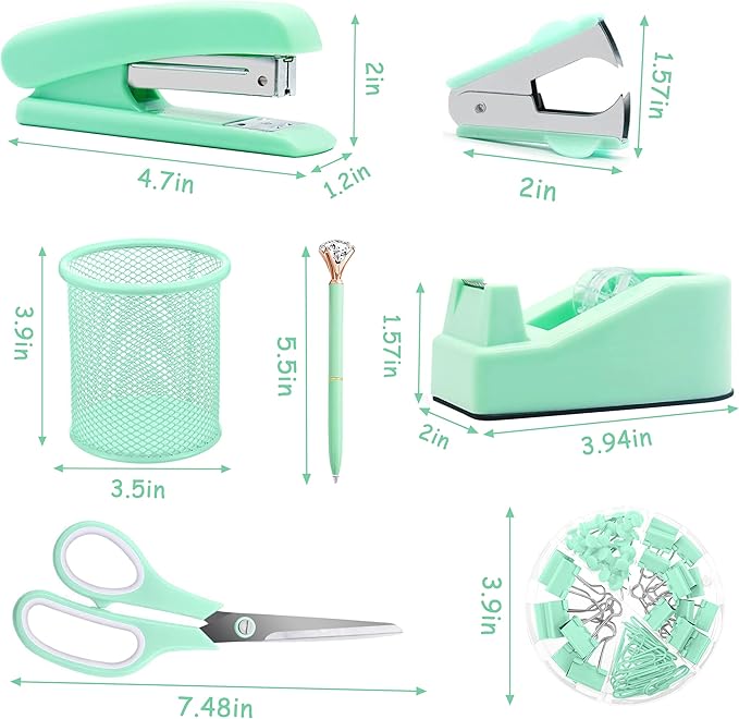 Green Office Supplies, Purple Desk Accessories, Stapler, Staple Remover, Tape Holder, Pen Holder, Ballpoint Pen, Scissor, Binder Clips, Paper Clips and 1000pcs Staples.