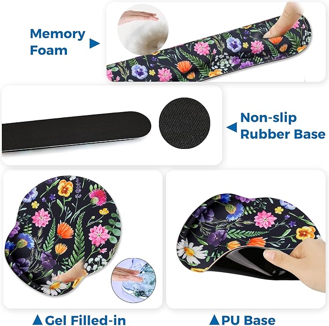 Mouse Pad and Keyboard Wrist Rest Support, with Non-Slip PU Base,Gel Mouse Pad with Coaster,Pain Relief for Gaming, Computer,Office -Floral Background