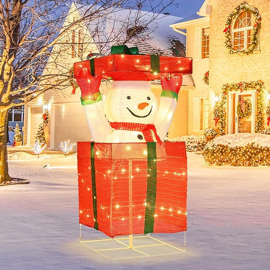 Tangkula Lighted Snowman Christmas Decoration, Pre-Lit Pop up Snowman with 100 Warm LED Lights for Indoor Outdoor, 3D Xmas Holiday Decoration for Home Lawn Yard Garden, Plug in