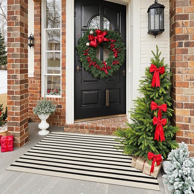 Collive Black and White Outdoor Rug Christmas Door Mat 24"x 51", Cotton Woven Striped Welcome Doormat, Washable Front Porch Decor for Farmhouse Front Door Layered Entryway Christmas Decorations