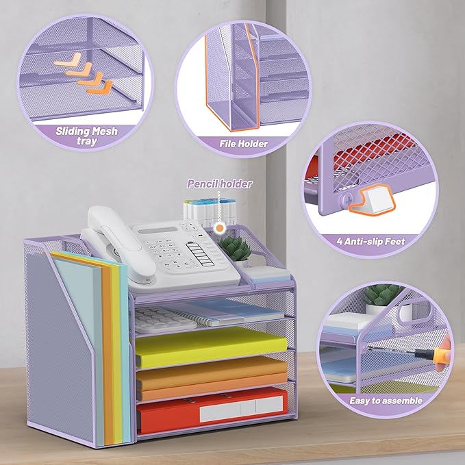 DocNest 5 Tier Paper Letter Tray File Organizer, Mesh Desk File with Handle, Workspace Desk Organizers with Pen Holder, Office Organization Storage Accessories - Purple