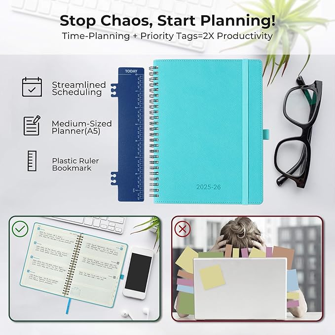 Planner 2025-2026 Daily Weekly and Monthly,11.5"x8.5",18 Months Spiral Bound Calendar Agenda with Self-adhesive Pen Holder,2026 Academic Plan with Vegan Leather Soft Cover,Light Blue