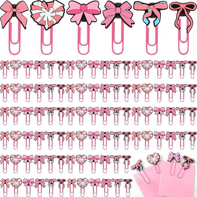 90 Pcs Pink Bow Paper Clips Cute Decorative Bookmark Clips Large Paperclips Preppy Bookmarks Planner Clip for Office Home Supplies Gifts Wedding Decoration Desk Accessories Stationery