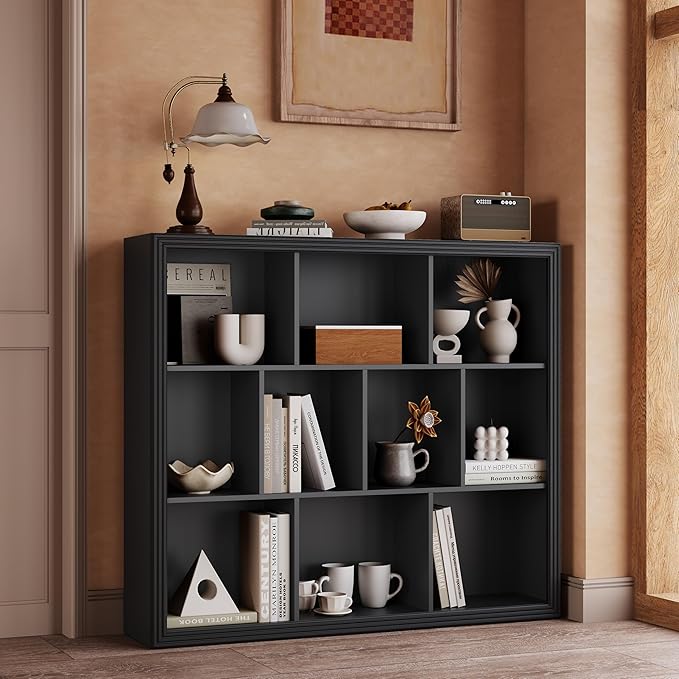 Wooden 10-Cube Storage Organizer, 3-Tier Bookshelf, Wood Black Bookshelf, Bookcase, Cubical Storage Shelf with 3 Removable Back Panels for Bedroom Home and Office