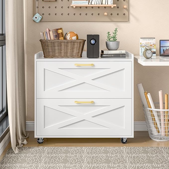 Lateral File Cabinet 2 Drawer Mobile File Cabinet with Charging Station for Legal/Letter/A4 Size Hanging Files, Modern Farmhouse Large Wood File Storage Cabinet for Home Office Furniture(Simple White)