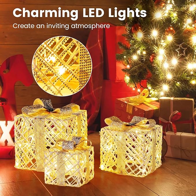 Tangkula Set of 3 Lighted Box, Pre-Lit Festive Boxes w/ 50 LED Lights, Detachable Bows & Sparkling Crystals, Indoor Outdoor Rope-Woven Present Boxes for Yard, Home