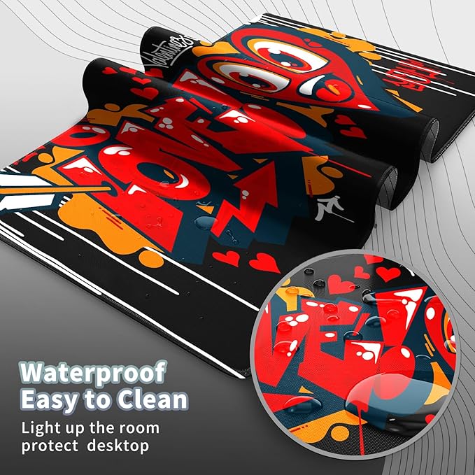 Gaming Mouse Pad, Keyboard Mouse Pad 31.5x15.7 inch XXL Large Computer Laptop Cool Desk Mat with Non-Slip Rubber Base and Stitched Edge for Home Office Work, Black Love Graffiti