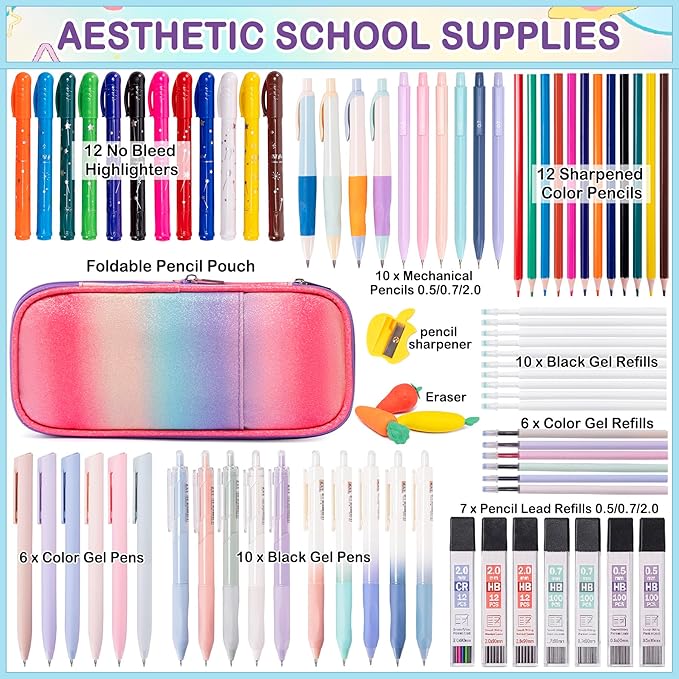 78 PCS Aesthetic School Set for Girls - Pen Case, Pastel Highlighters, 16 Pens, 10 Mechanical Pencils, 12 Sharpened Colored Pencils, 452 Refills - Cute Christian Journaling & Drawing Kit for Teens