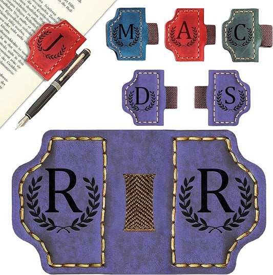 Bygone Mark Bookmark with Pen Holder, 26 Letters Name Initial Personalized Magnetic Bookmarks, Leather Book Mark for Men Women, Travelers Accessories, Teachers Readers Book Lovers Gifts (Purple, R)