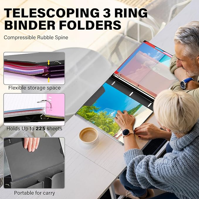 WOT I Telescoping Project Organizer, Refillable Binder with Dividers and Pockets, 13 Pocket Folders, 1 Inch 3 Ring Binder, Black