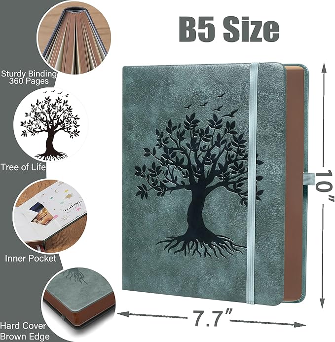 ZXHQ B5 360 Pages Lined Journaling Notebooks with Pen, Journals for Women Men Writing Notebook, Tree of Life Design, Brown Edge, Fine Inner Pocket - Grey