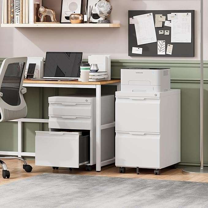 2 Drawer Mobile File Cabinet with Lock,Under Desk Metal Filing Cabinets with Wheels for Home Office Organizer Letters/Legal/A4(Easy Assemble-White)