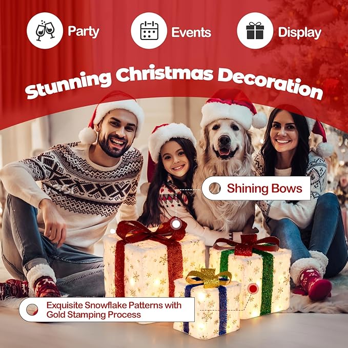 Tangkula Set of 3 Christmas Lighted Gift Boxes, Pre-lit Christmas Decoration with 48 Bright Warm Lights, Plush Boxes Decoration with Bows, Indoor Outdoor Present Boxes Ornament for Home Yard Holiday