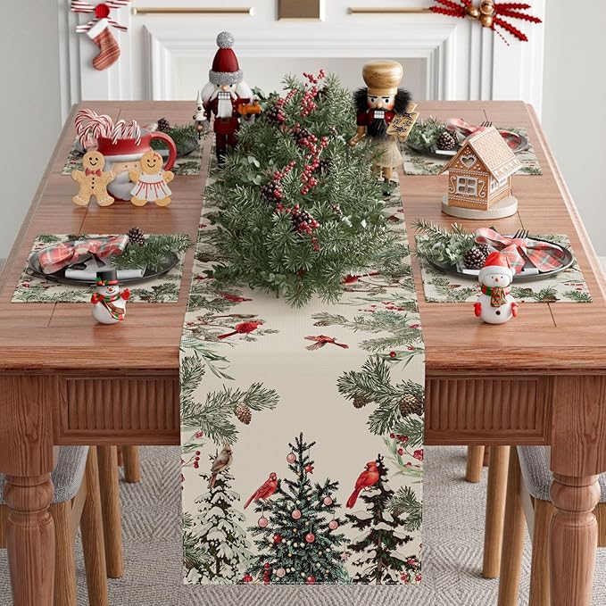 XCHI Cardinal Birds Winter Pine Tree Christmas Xmas Table Runner Table Decoration for Home Kitchen Dining Holiday Decor 13x48 Inch