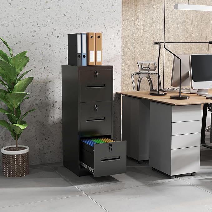 3 Drawer File Cabinet with 3 Locks, Metal Filing Cabinet Heavy Duty Vertical File Cabinets for Home Office, Steel File Storage Cabinets for Letter/Legal File Folders, Assembly Required (Black)