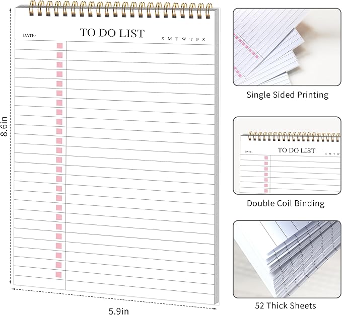 To Do List Notepad,Pink Undated Daily Planner Notebook With To Do List Notepad,Planner Spiral Checklist for School Office A5 Size