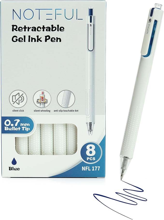 Silent Click Gel Pens For Journaling, Smooth Writing Pen, Blue Gel Ink Medium Point Pens (0.7 mm), Pack of 8