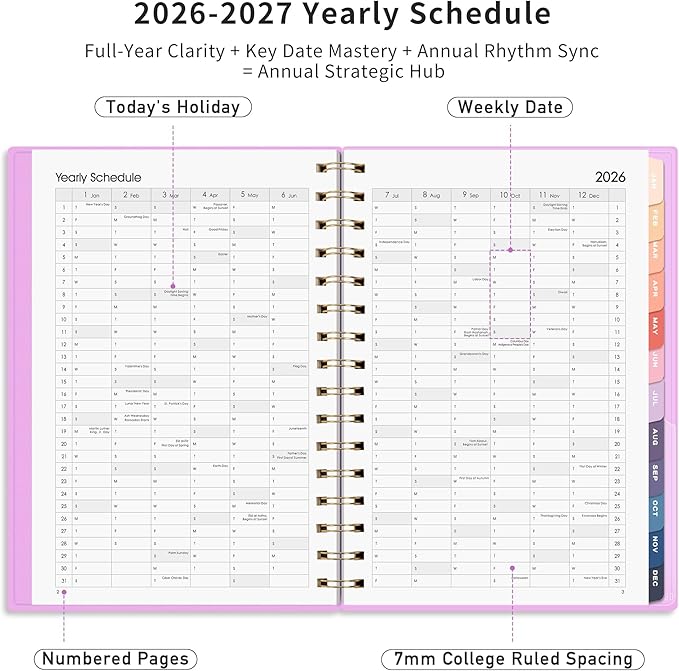 RETTACY 2026-2027 Monthly Planner, Jan 2026 - Dec 2027, Medium Size (5.7" x 8.3"), Agenda, Calendar, 24 Month Tabs, Flexible Plastic Cover, 100 GSM Thick Paper, Spiral-bound (Lilac)