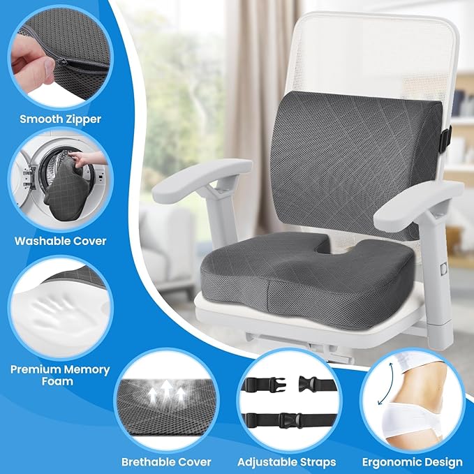 TushGuard Office Chair Cushions with Handles, Back&Seat Cushion, Sciatica & Back Coccyx Tailbone Discomfort Easing Chair Pad, Memory Foam Lumbar Support Pillow for Gaming, Desk, Car (Grey, X-Large)