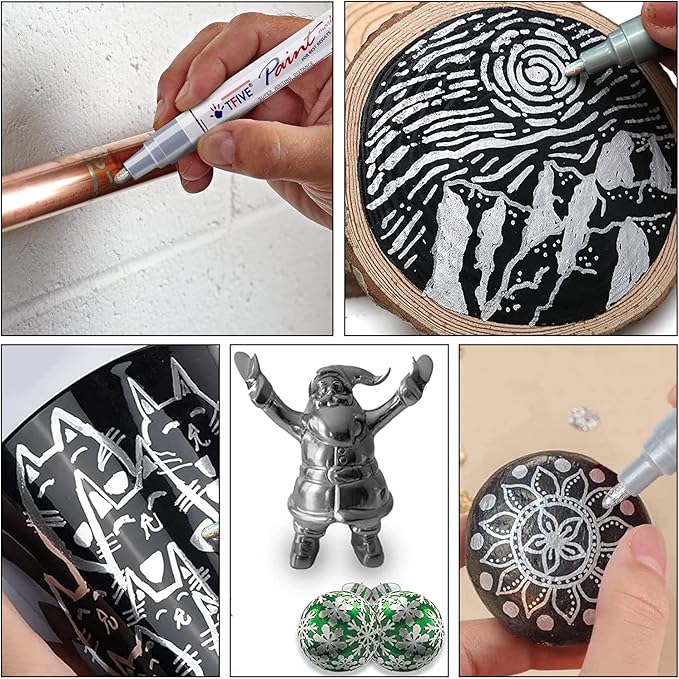 TFIVE Silver Paint Pens Markers - 12 Pack Oil Based Permanent Marker, Medium Tip, Never Fade, Quick Dry, Waterproof Paint Pen for Rocks Painting, Wood, Fabric, Plastic, Canvas, Glass, Metal